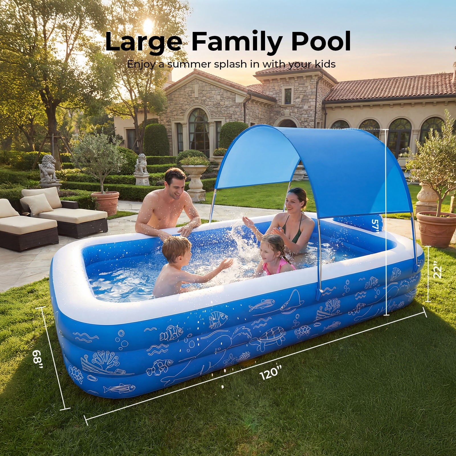 TASKBAY Inflatable Pool for Kids and Adults, 118 X 67.7 X 22 Oversized Thickened Family Blow Up Swimming Pool for Outdoor, Garden, Backyard, Blue