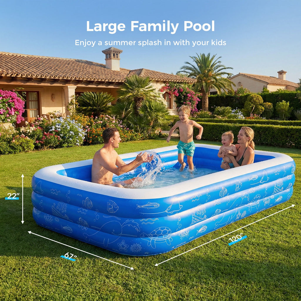 TASKBAY Inflatable Pool for Kids and Adults, 118 X 67.7 X 22 Oversized Thickened Family Blow Up Swimming Pool for Outdoor, Garden, Backyard, Blue