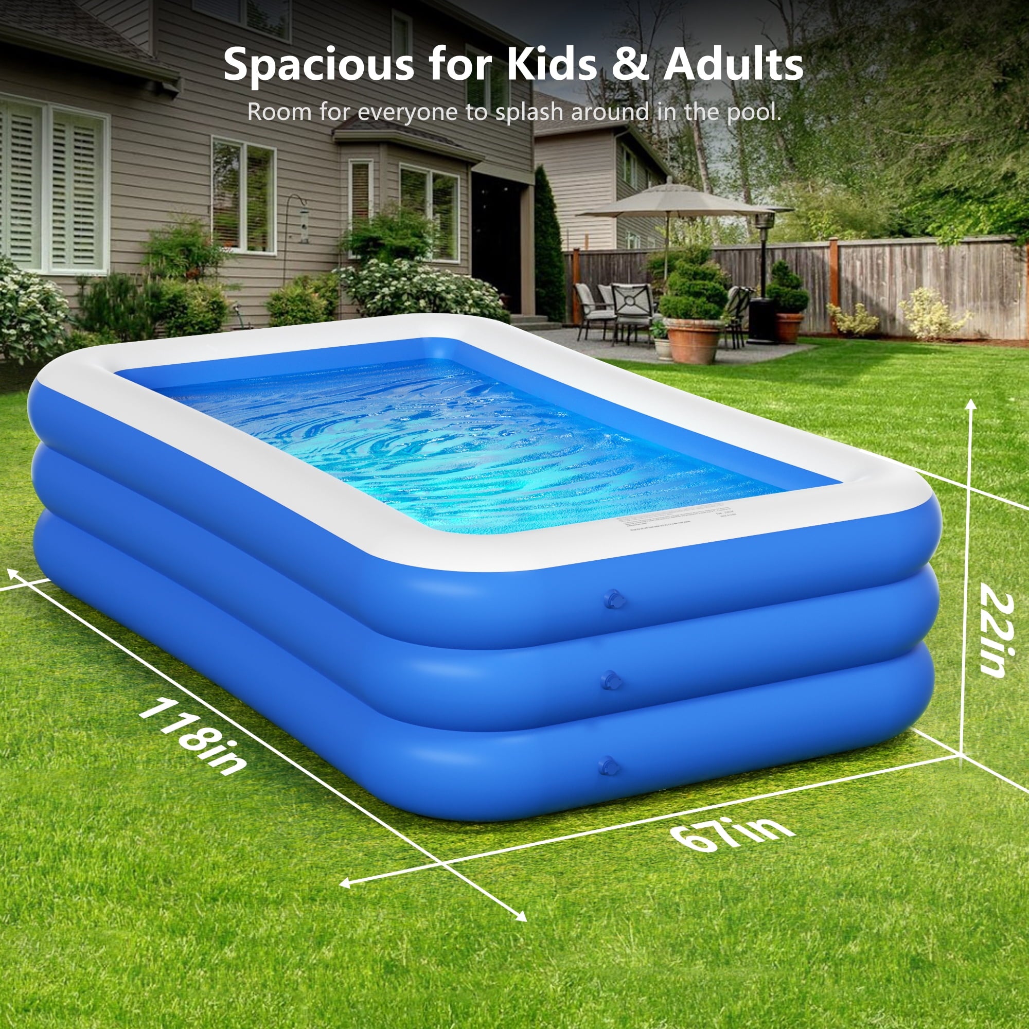 GVDV Blow Up Pool, Thickened Inflatable Pool for Kids, Adults, Family, 9.83 x 5.97 x 1.67 ft, Full-Sized Inflatable Kiddie Pools, Swimming Pool, Rectangle