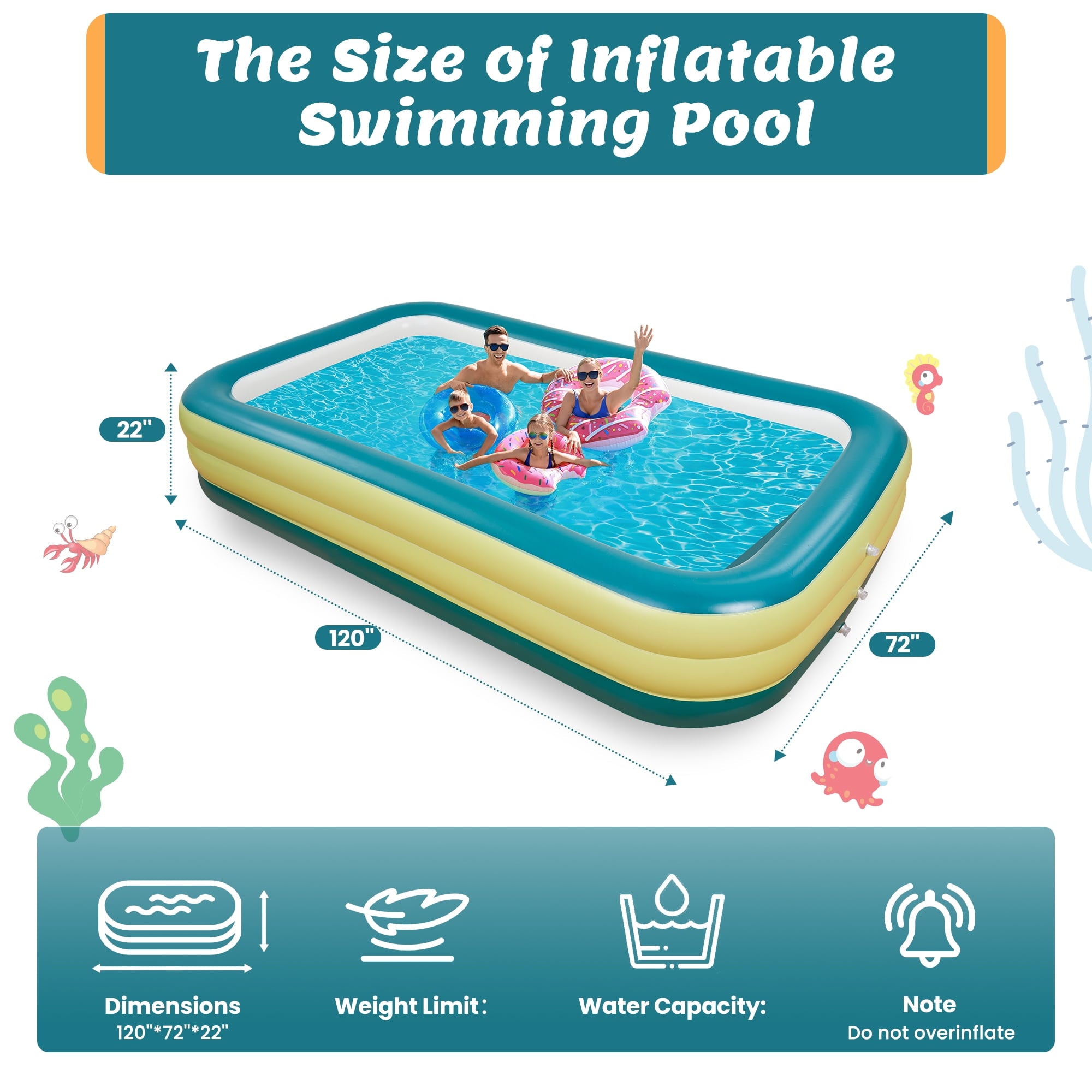 Naipo Inflatable Swimming Pool 120x72x22 Blow up Pool , Full-Sized Above Ground Family Pool, Summer Water Party, Backyard, Outdoor Beach Garden Lawn , Yellow