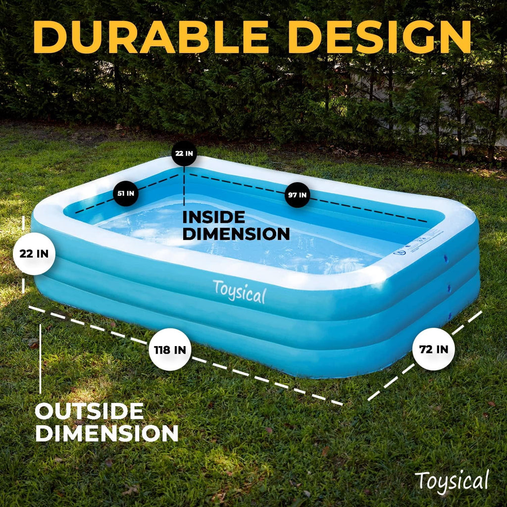 Toysical Inflatable Pool with Air Pump - 118 x 72 x 22” Above Ground Pool, Swimming Pools for Kids and Adults and The Entire Family ,More Durable Than Other Blow Up Pools , Includes Patches