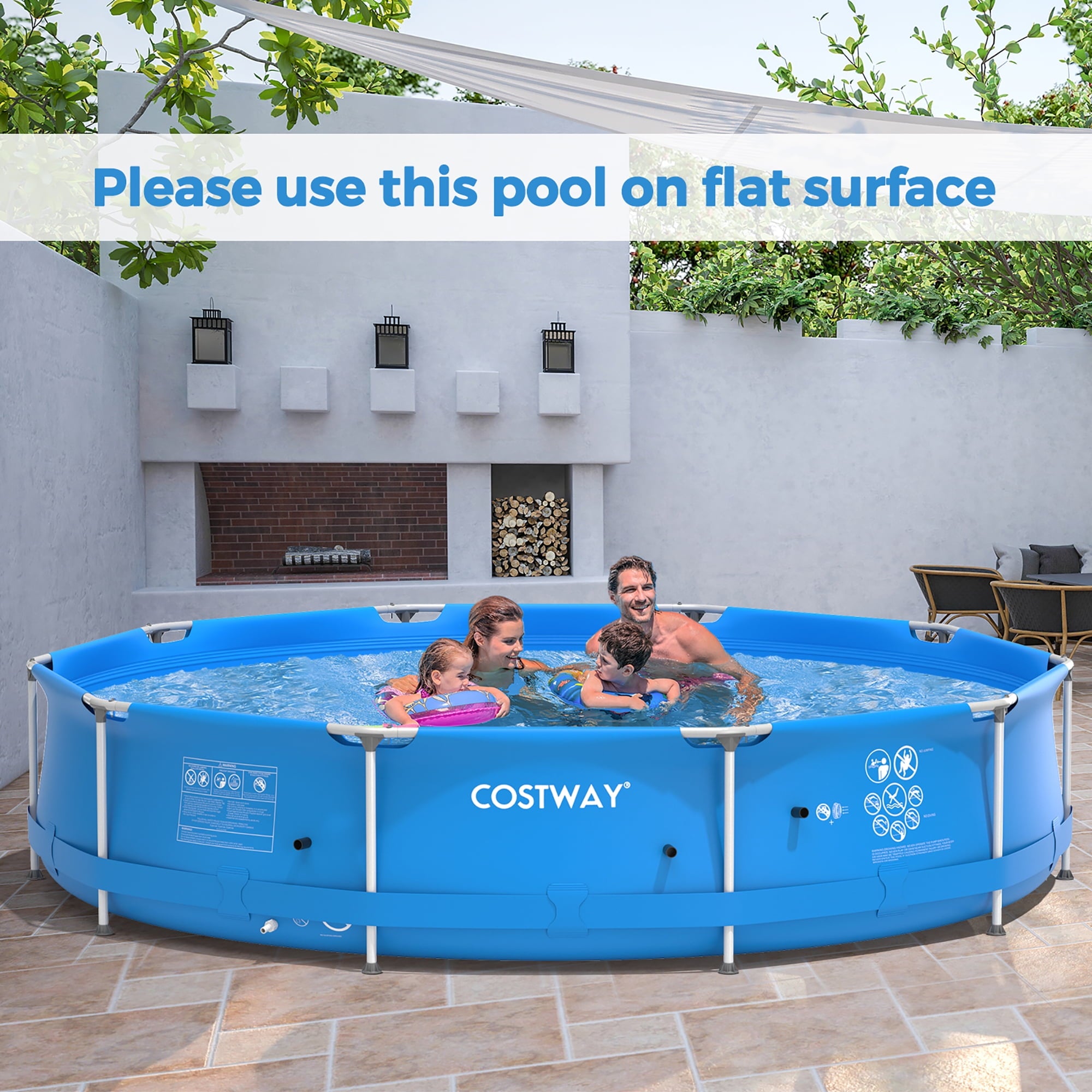 Costway Round Above Ground Swimming Pool Patio Frame Pool W/ Pool Cover Iron Frame Blue