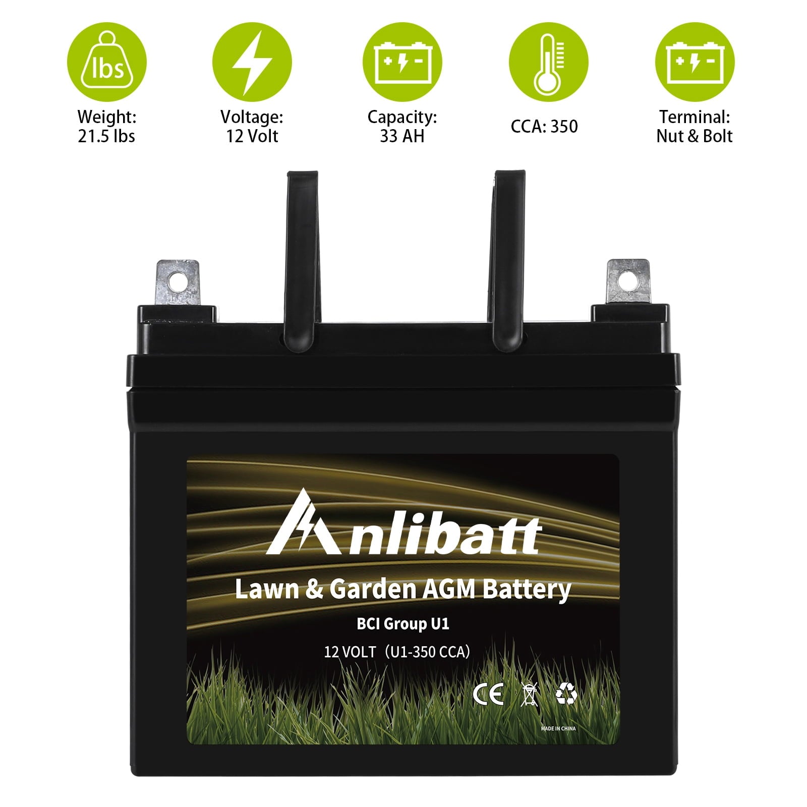 Anlibatt Lawn and Garden AGM Battery, Group Size U1 12 Volt, 350 CCA 33 Amp, Top Post for Lawn Mower/Tractor