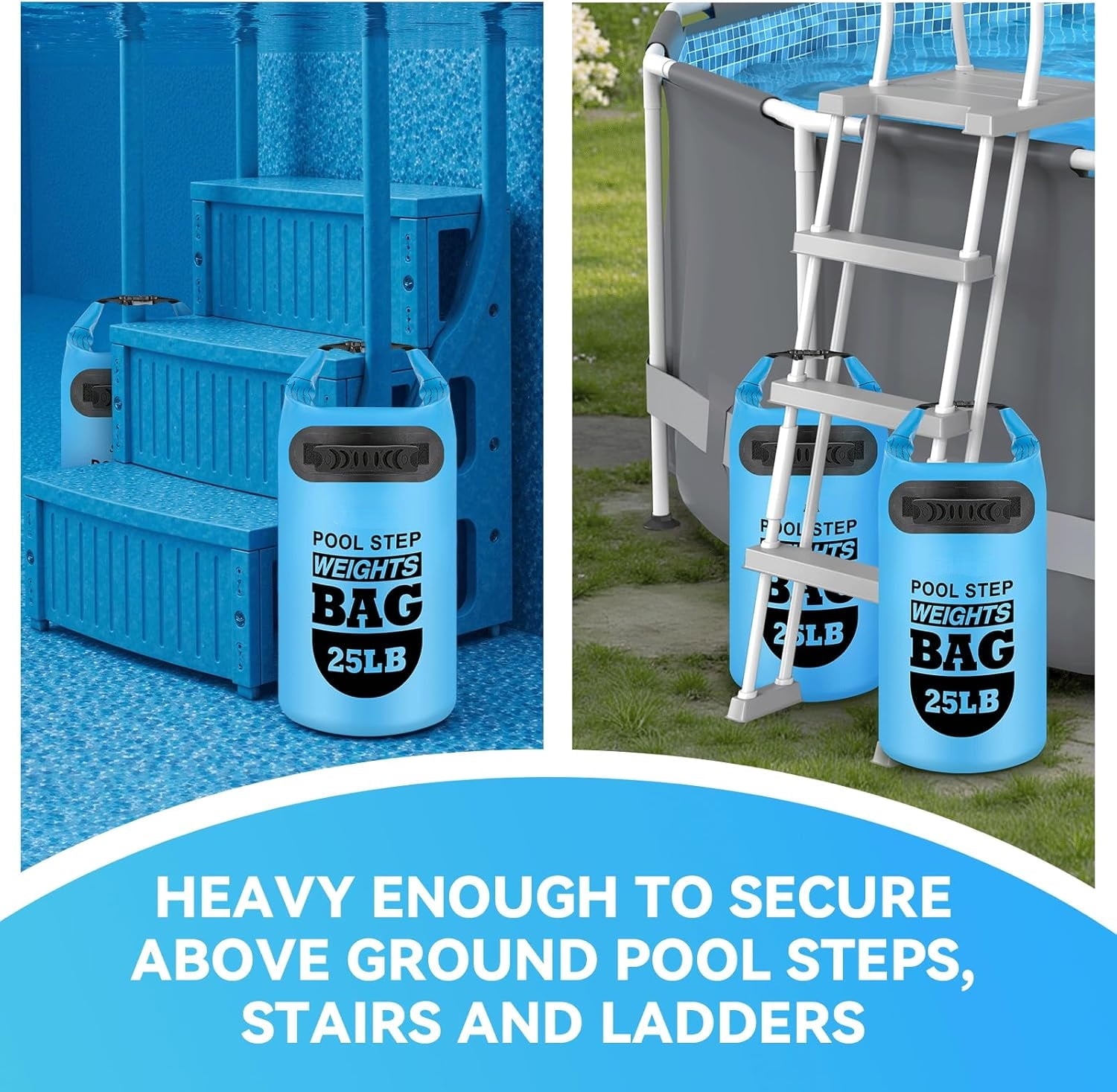 MM 2 pack 25lb Heavy Duty Pool Ladder Weights,Sand Fillable Universal Sand Bags Step Anchors,500D PVC Durable Waterproof&Foldable Sandbags for Above Ground Swimming Pools Stair,with Handle(Sky Blue)