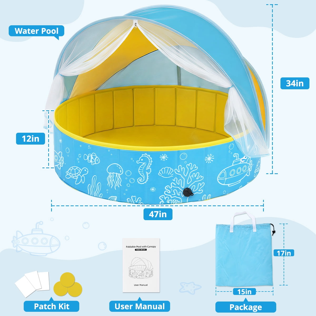 Kids Pool, Caveen Foldable Kiddie Pools for Toddler, Swimming Pool with Canopy for Backyard