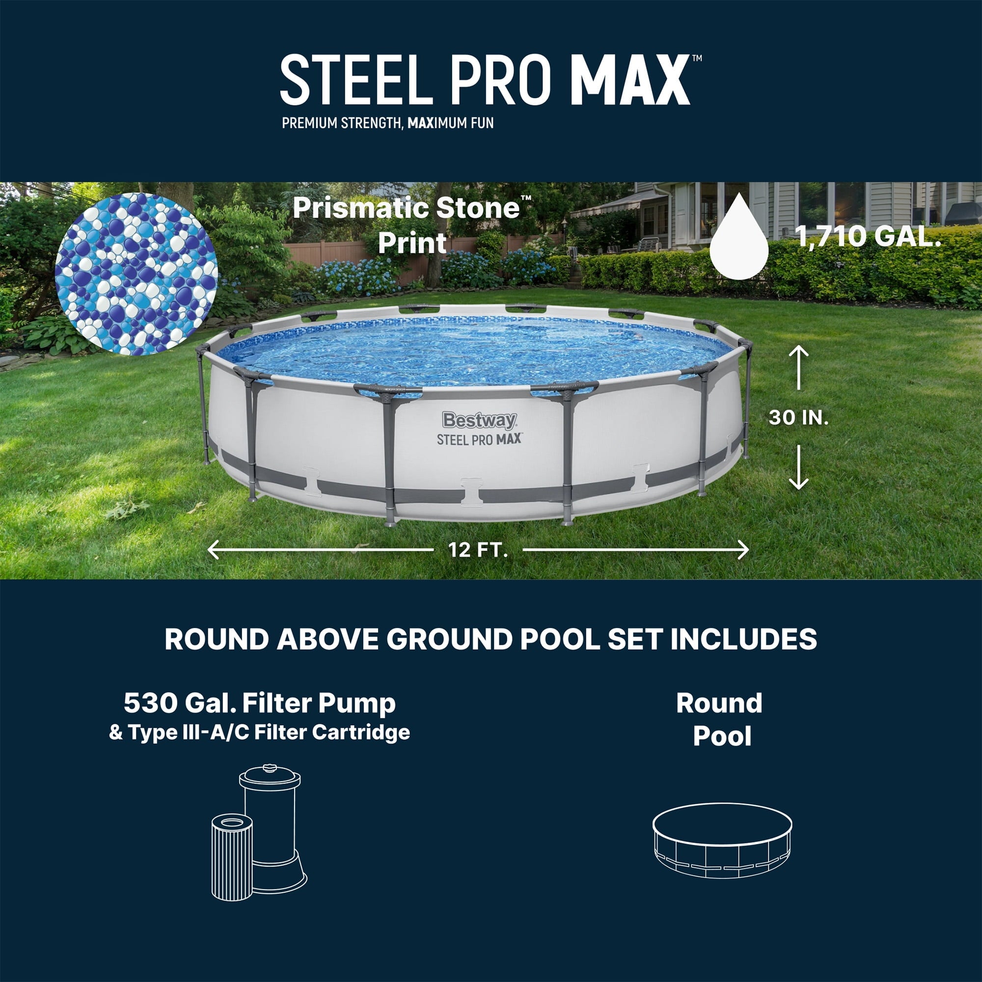 Open Box Bestway Steel Pro MAX 12' x 30 Above Ground Swimming Pool Set, Gray