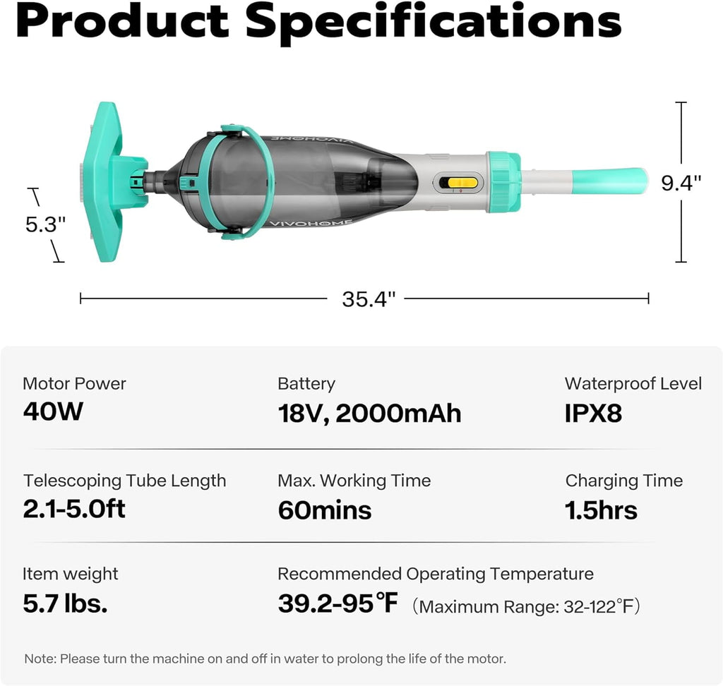 SPECSTAR Cordless Pool Vacuum with Telescopic Pole, Powerful Suction up to 18.5 GPM, 60 Mins Running Time, Handheld Rechargeable Swimming Pool Cleaner for Pools/Spas/Hot Tubs, Yellow