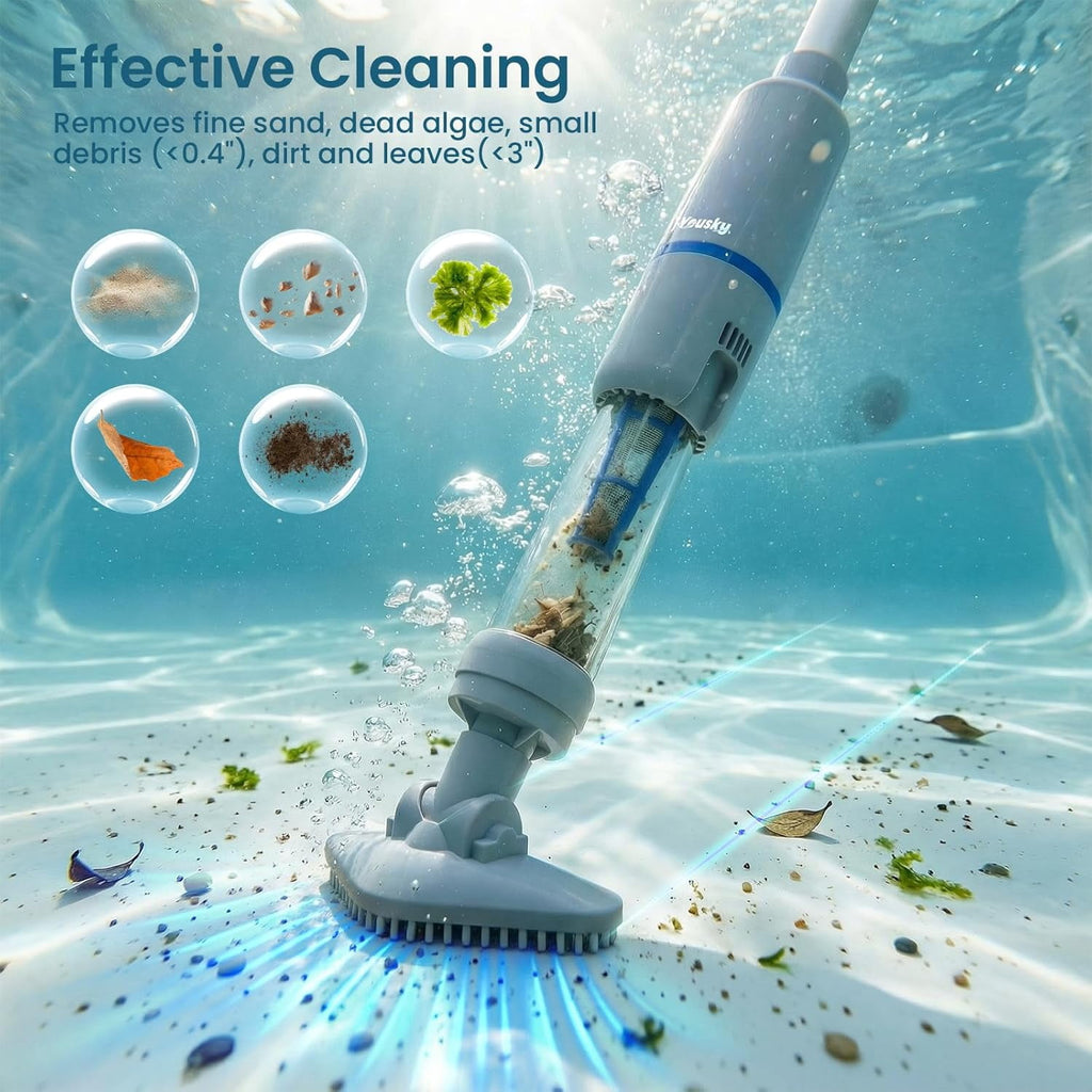 Handheld Spa Hot Tub Vacuum, Cordless Spa Vacuum Cleaner with 2 Brush Heads and Telescopic Pole, Up to 3 Hours of Runtime, Rechargeable Pool Vacuum
