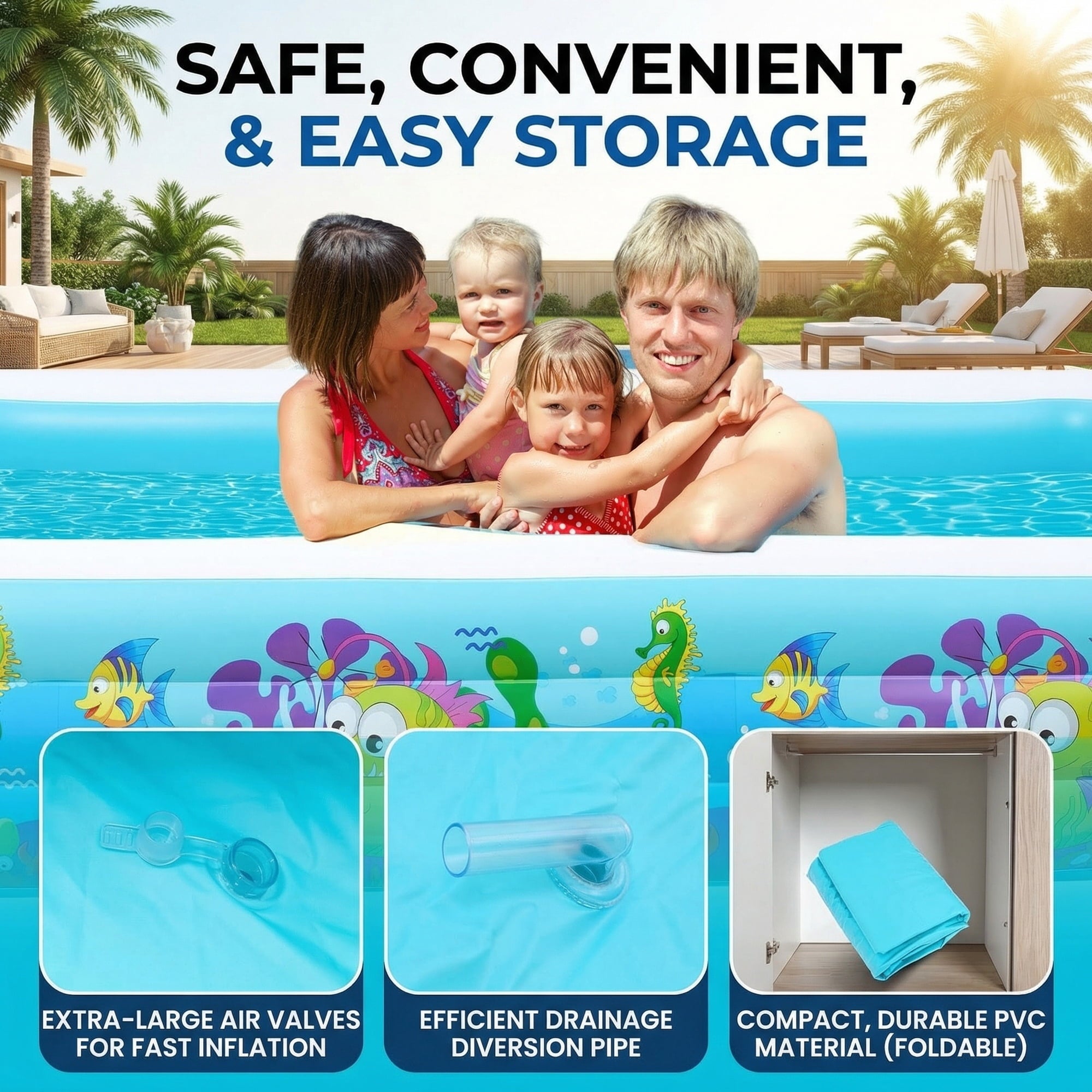 Naipo Inflatable Swimming Pool for Kids and Adults, 120x72x22 Oversized Thickened Family Swimming Pool for Toddlers, Outdoor, Garden, Backyard, Summer Water Party, Cartoon Patterns
