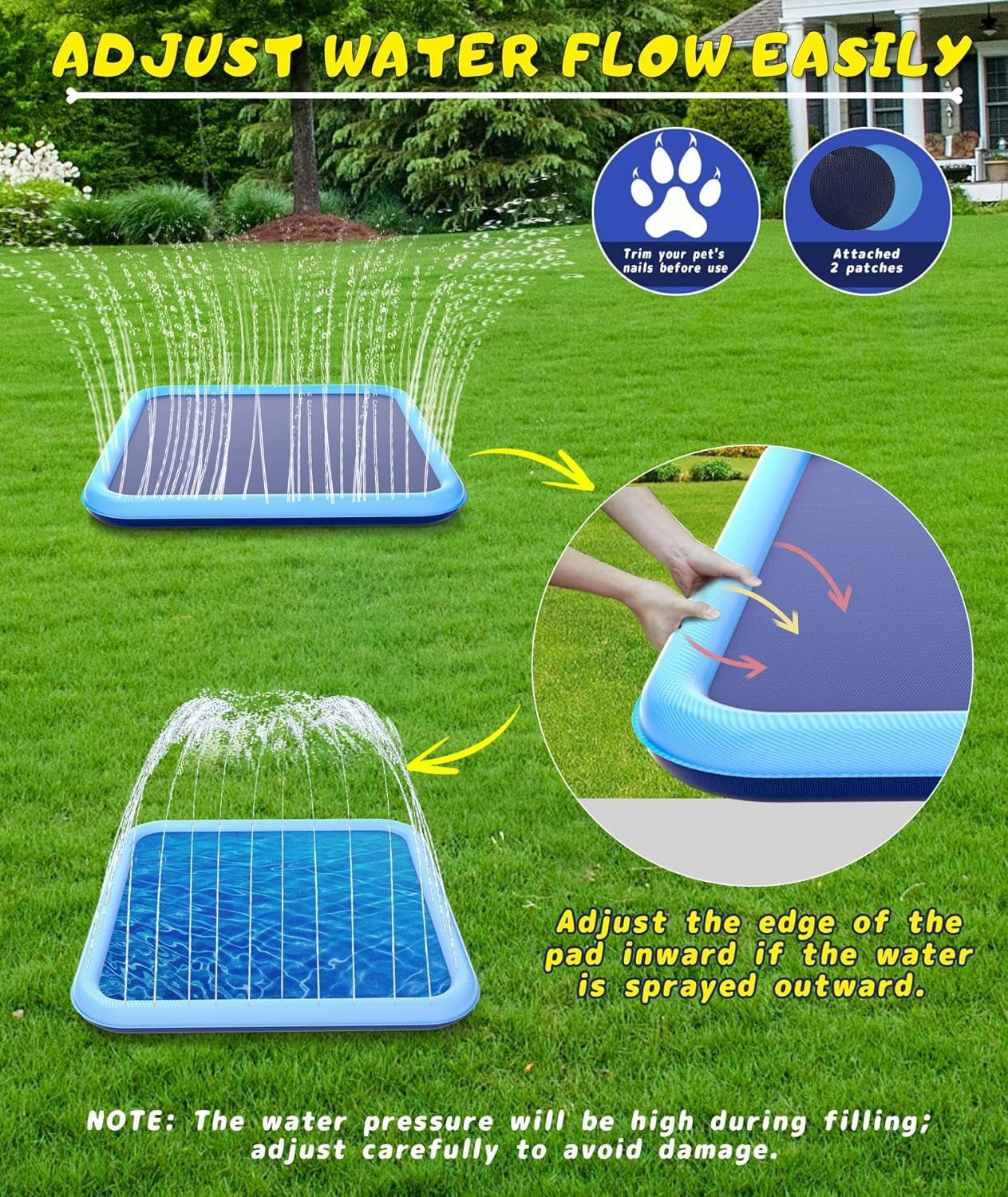 Splash Pad, 155- 110.24 Size Extra Large Sprinkler Play Mat for Dogs & Kids, Thicker Wading Pool Summer Outdoor Water Toys, Fun Backyard Fountain Play Pad for 3 Age+ Girls Boys Children & Pets