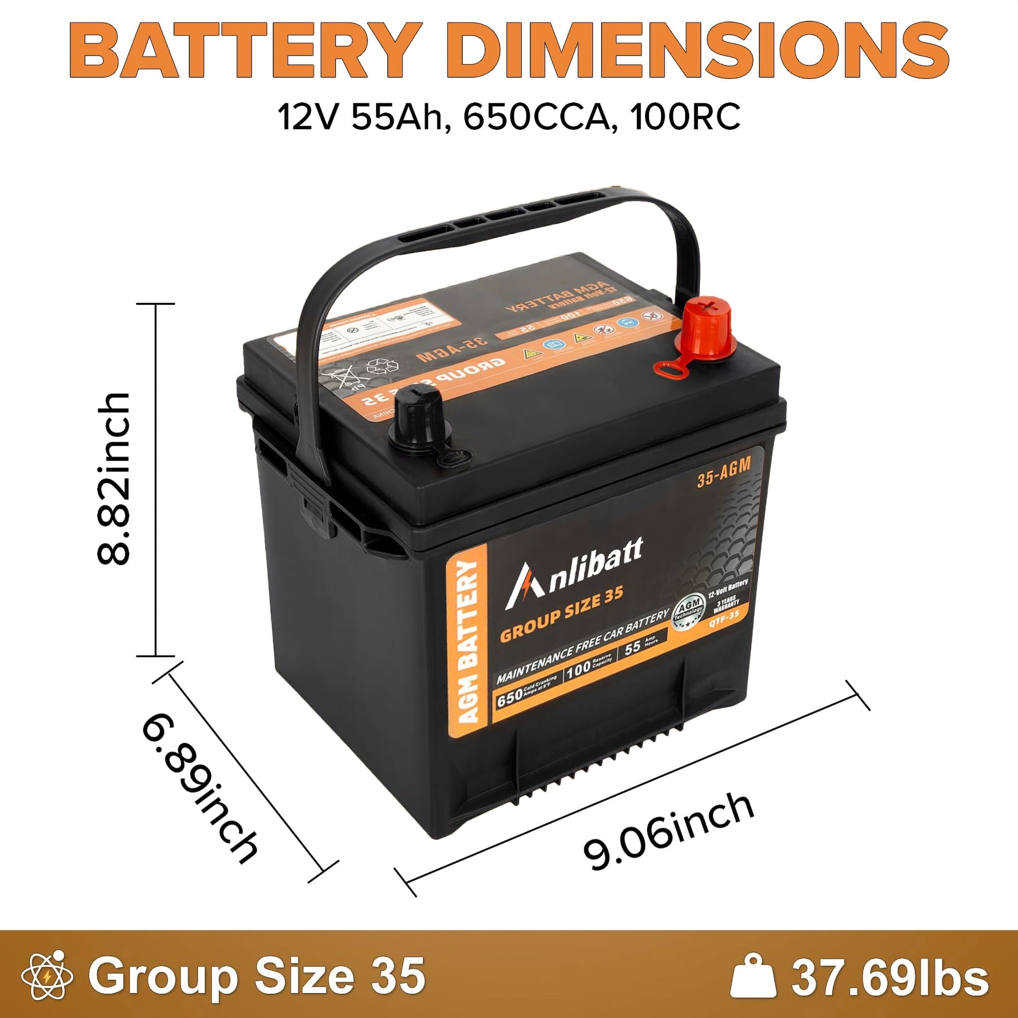 Anlibatt BCI Group 49 Battery, AGM 12 Volt Rechargeable Automotive Batteries for Car, H8 900CCA 95Ah 160RC Maintenance Free
