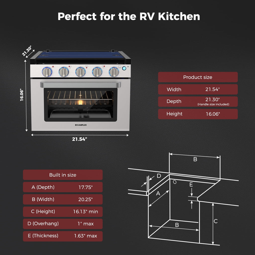 CAMPLUX Classic 17 In RV Propane Gas Range Oven with 3 Burners Cooktop, Stove Oven Combo, Stainless Steel