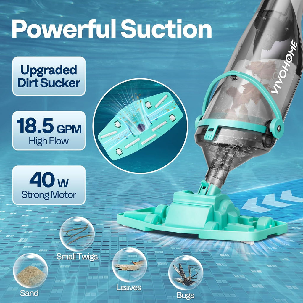 SPECSTAR Cordless Pool Vacuum with Telescopic & Extension Poles 9.12ft, 18.5 GPM Suction, 60-Min Run Time, Handheld Cleaner Rechargeable with Battery Indicator for Pools/Spas/Hot Tubs - Yellow