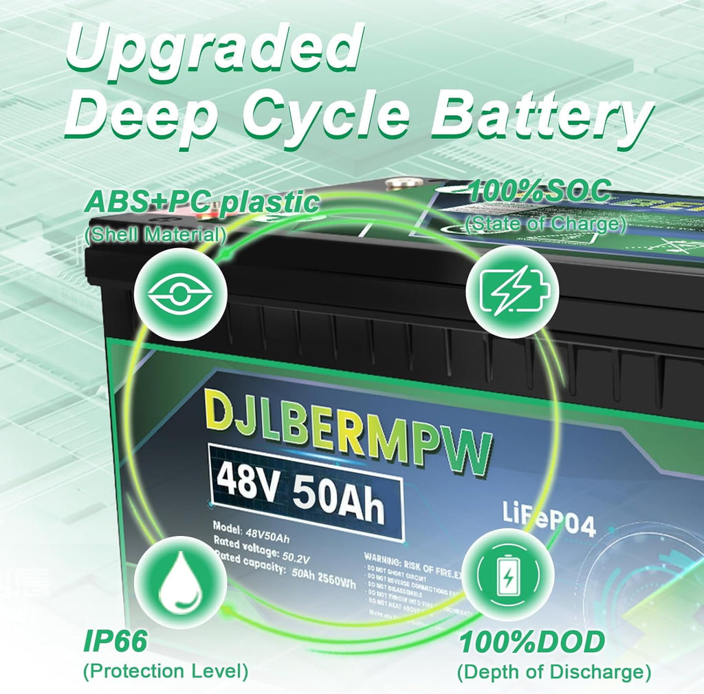 48V 50Ah LiFePO4 Lithium Battery, Built-in 50A BMS 2560Wh,15000 Deep Cycle 48V Golf Cart Lithium Battery for Off Grid, RV, Solar