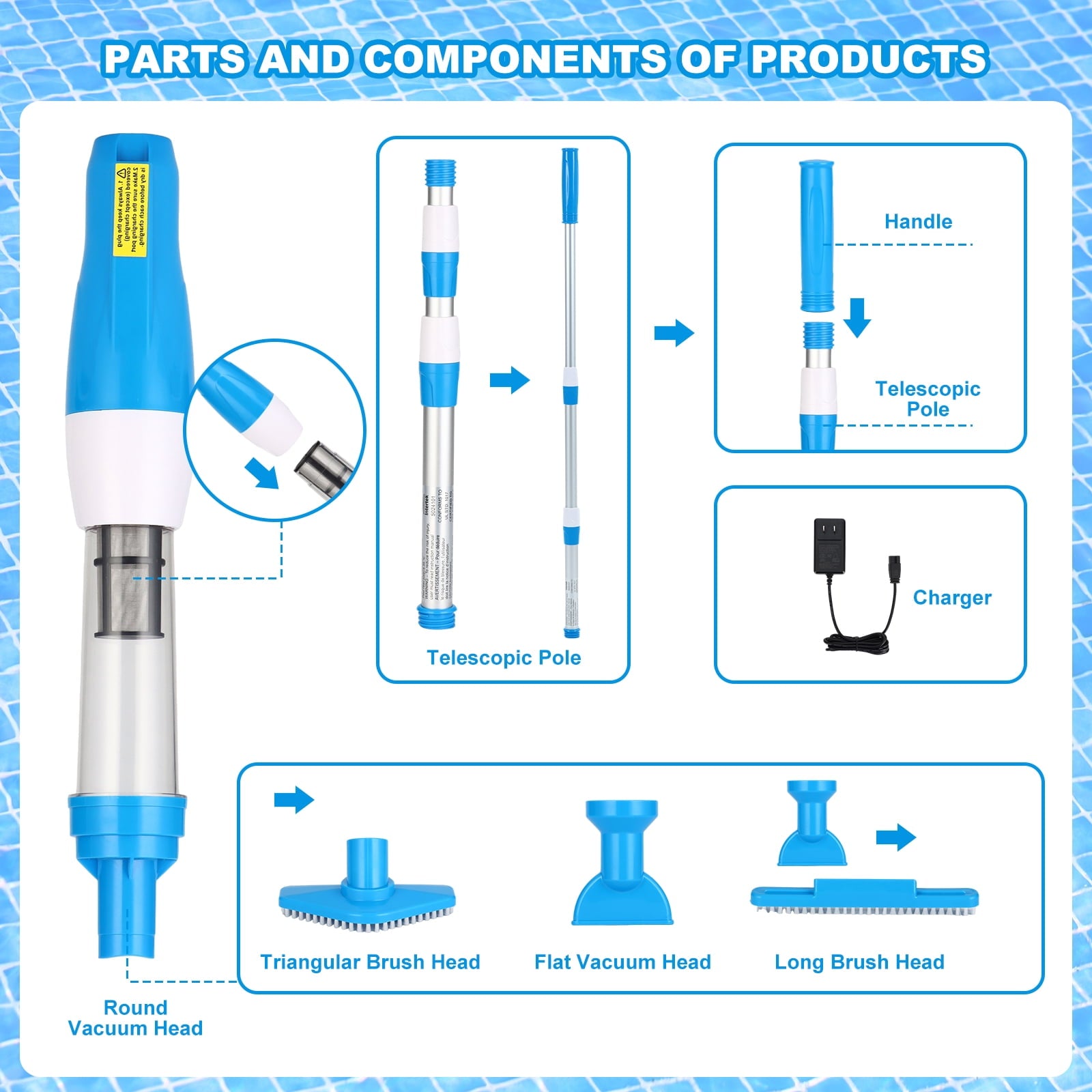 YSMJ Cordless Handheld Pool Vacuum, 90 Min Runtime Rechargeable Cleaner with Pole & Safety Detector for Small Above Ground Pools, Hot Tubs and Spas (Blue& White)