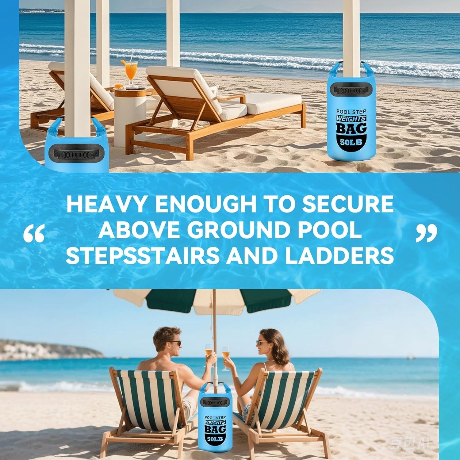 MM 2 pack 25lb Heavy Duty Pool Ladder Weights,Sand Fillable Universal Sand Bags Step Anchors,500D PVC Durable Waterproof&Foldable Sandbags for Above Ground Swimming Pools Stair,with Handle(Sky Blue)