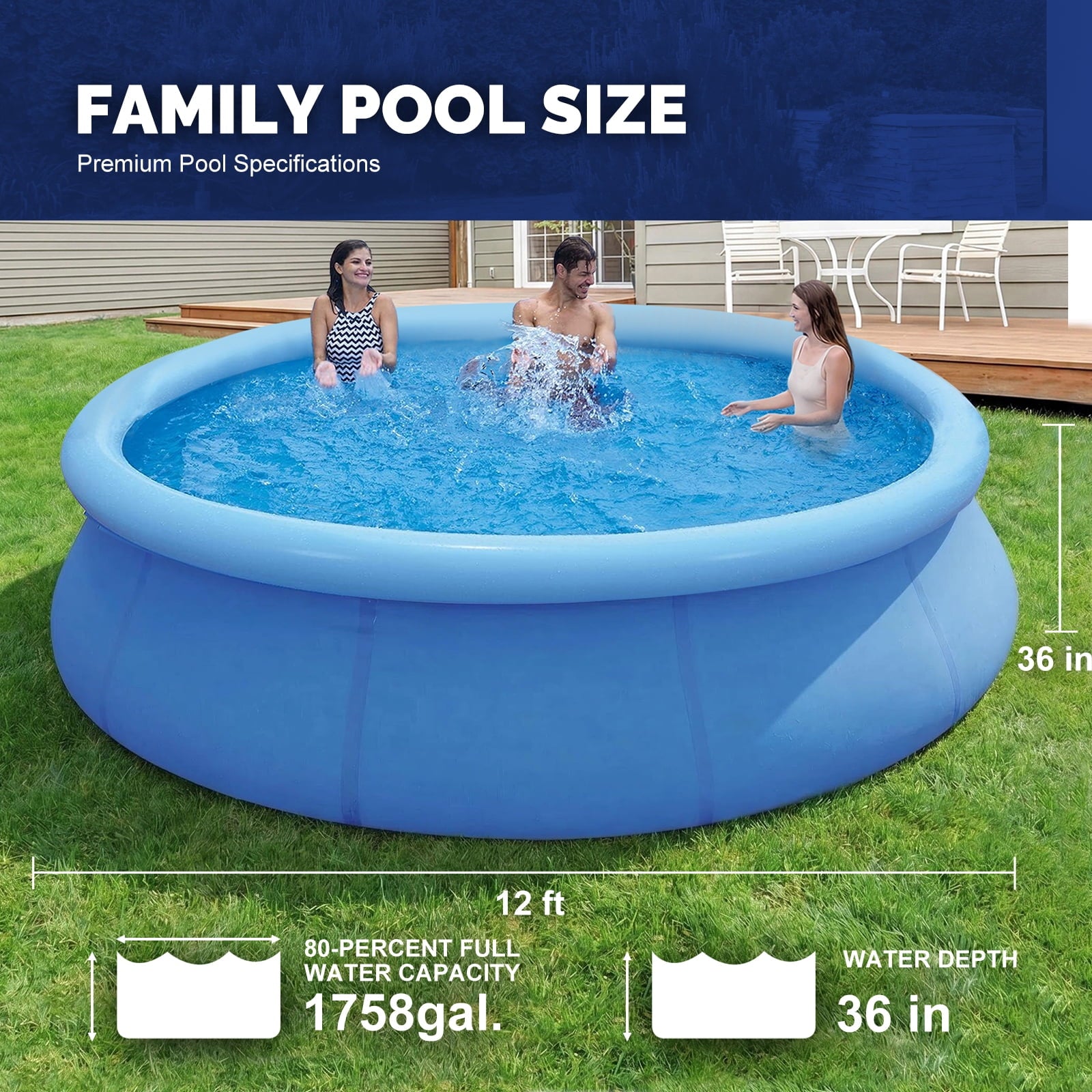 Honeydrill 12 ft x 36 in Above Ground Inflatable Pools, Top Ring Easy-Set Round Pool, Blue