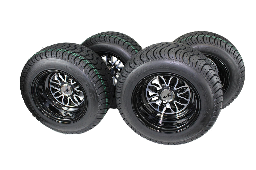 (New) Antego 205/50-10 with 10x7 Fusion Glossy Black Wheels for Golf Cart (Set of 4)