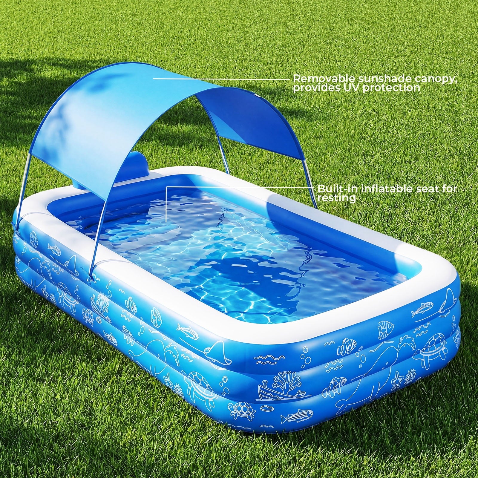 TASKBAY Inflatable Pool for Kids and Adults, 118 X 67.7 X 22 Oversized Thickened Family Blow Up Swimming Pool for Outdoor, Garden, Backyard, Blue