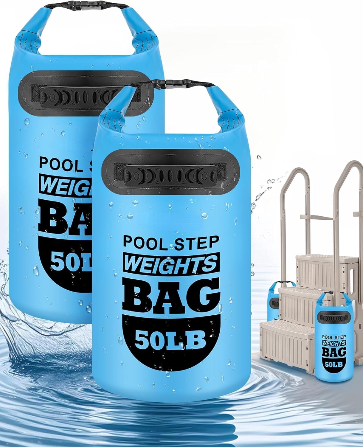 MM 2 pack 25lb Heavy Duty Pool Ladder Weights,Sand Fillable Universal Sand Bags Step Anchors,500D PVC Durable Waterproof&Foldable Sandbags for Above Ground Swimming Pools Stair,with Handle(Sky Blue)