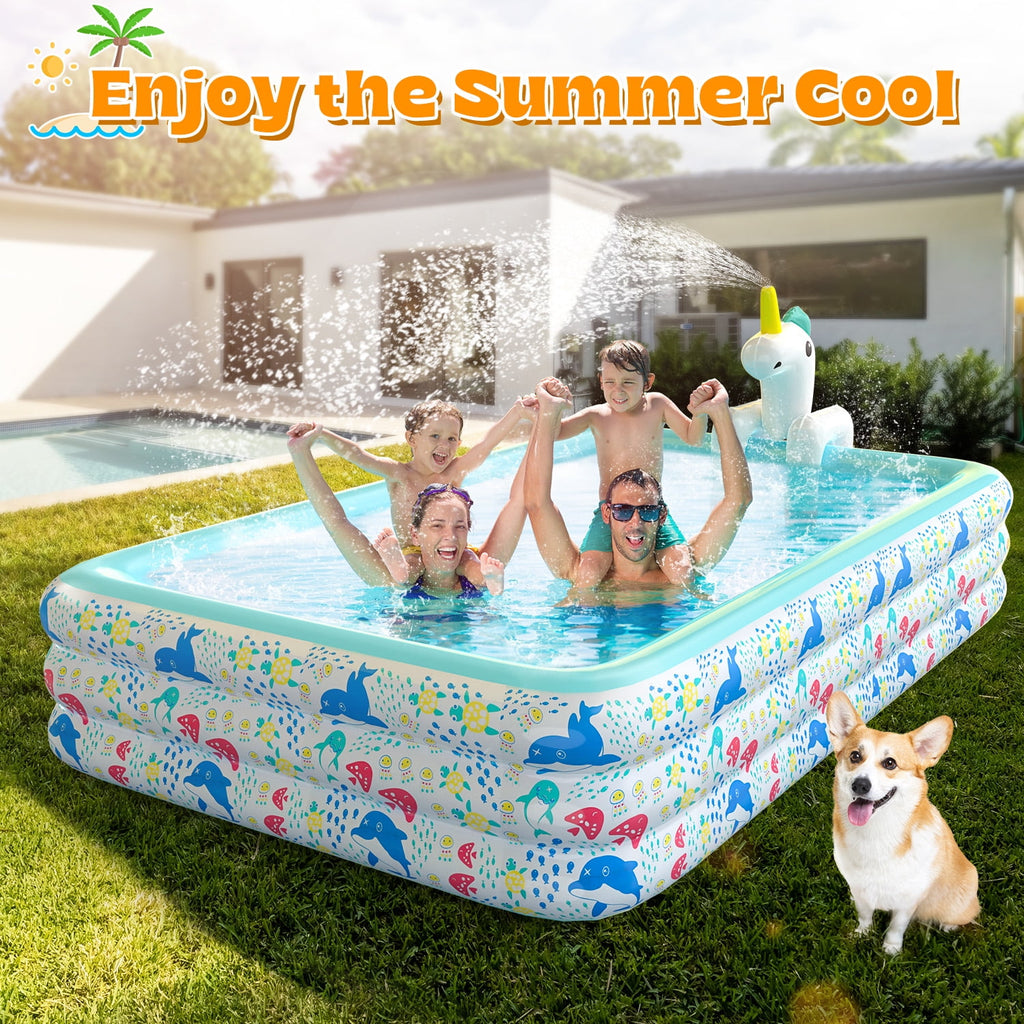 WonderStone 2 in 1 Inflatable Pool with Sprinkler, 118''x 71''x 24'' Oversizd Thickened Family Swimming Pool, Blow up Pool for Adult Kids Children Summer Outdoor Garden Backyard