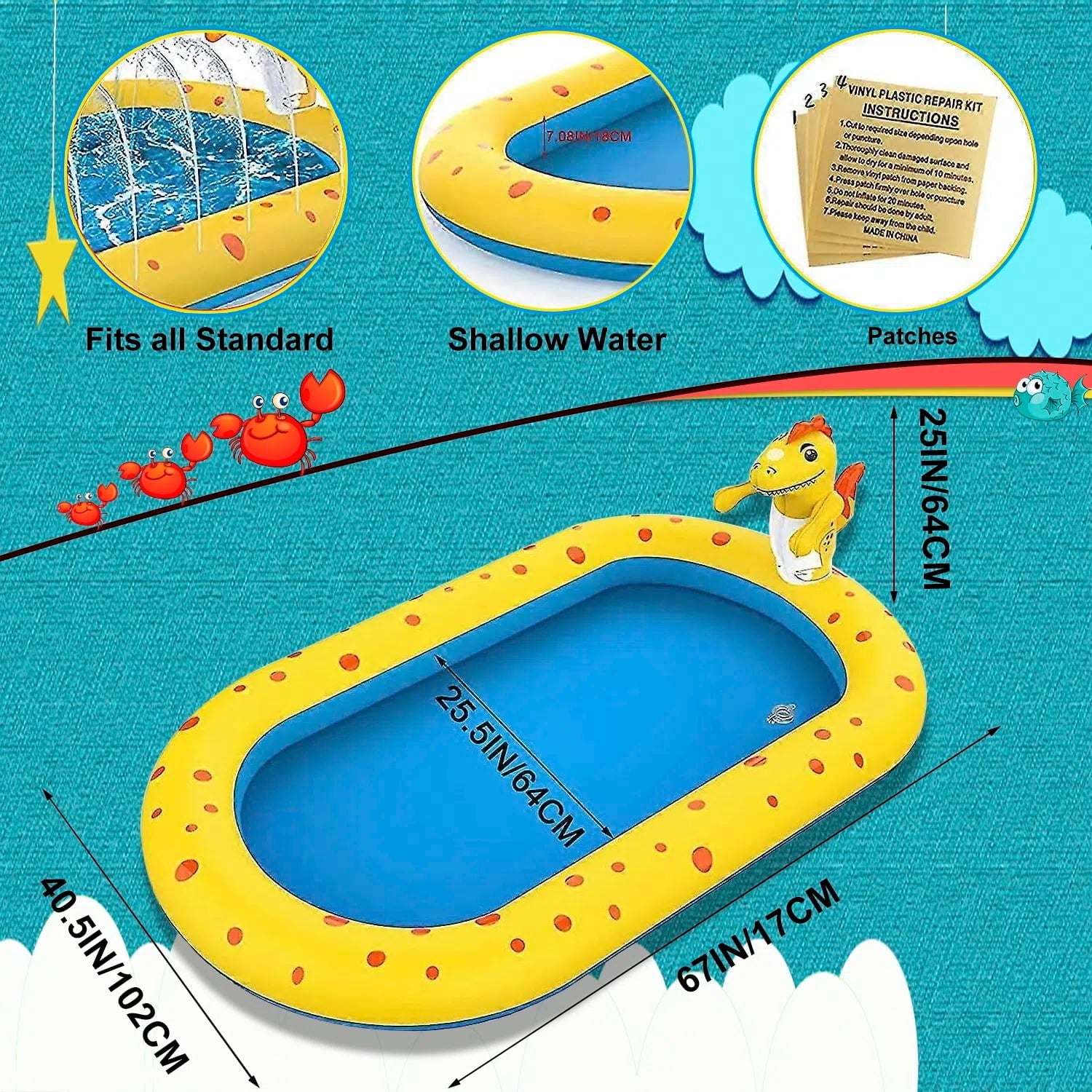 Teblint Inflatable Pool, 67'' x 41'' x 26'' Sprinkler Swimming Pool, Spray Kiddie Pool, Play Center Water Toys for Backyard Lawn, Above Ground, Outdoor