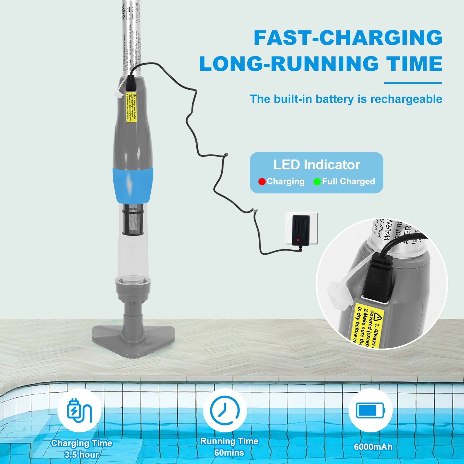 YSMJ Cordless Handheld Pool Vacuum, 90 Min Runtime Rechargeable Cleaner with Pole & Safety Detector for Small  Above Ground Pools, Hot Tubs and Spas (Gray& Blue)