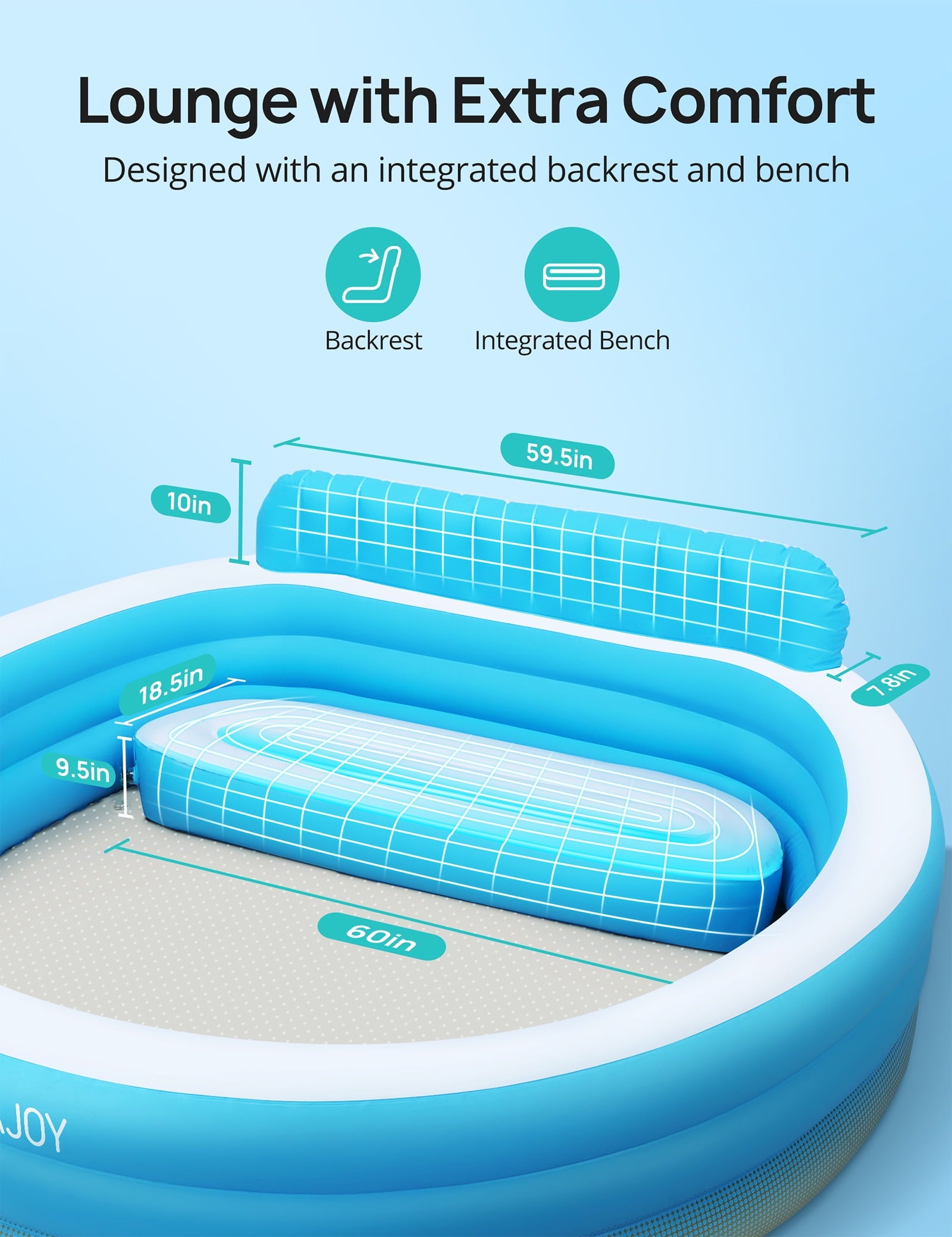 Sable Inflatable Pool, 95 x 75 x 40in Rectangular Swimming Pool for Toddlers, Kids, Family, Above Ground, Backyard, Outdoor