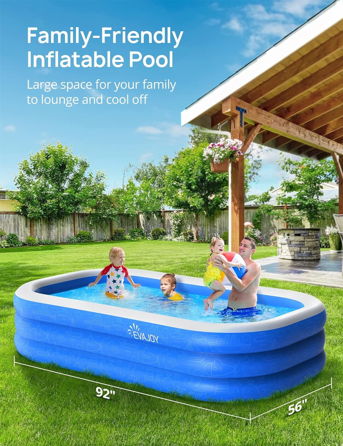 Sable Inflatable Pool, 95 x 75 x 40in Rectangular Swimming Pool for Toddlers, Kids, Family, Above Ground, Backyard, Outdoor