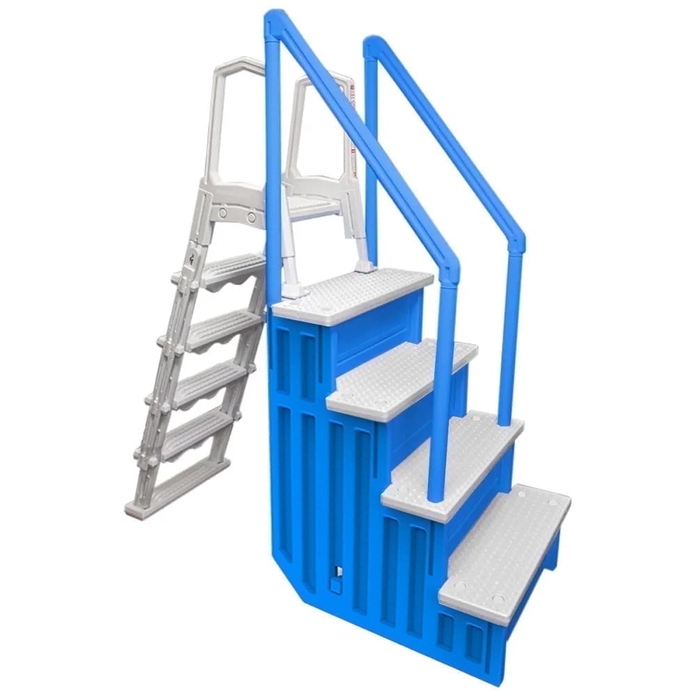 Aqua Select White Anti-Slip Pool Steps with White Steps and White Outside Flip-up Safety Ladder, 48-54H