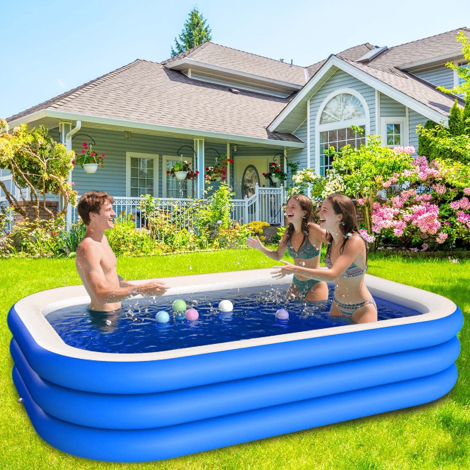 DAZLUTE Inflatable Pool for Kids and Adults, 118 x 71 x 28 Oversized Thickened Family Swimming Pool for Kids Children Outdoor, Garden, Backyard, Summer Water Party,Blue