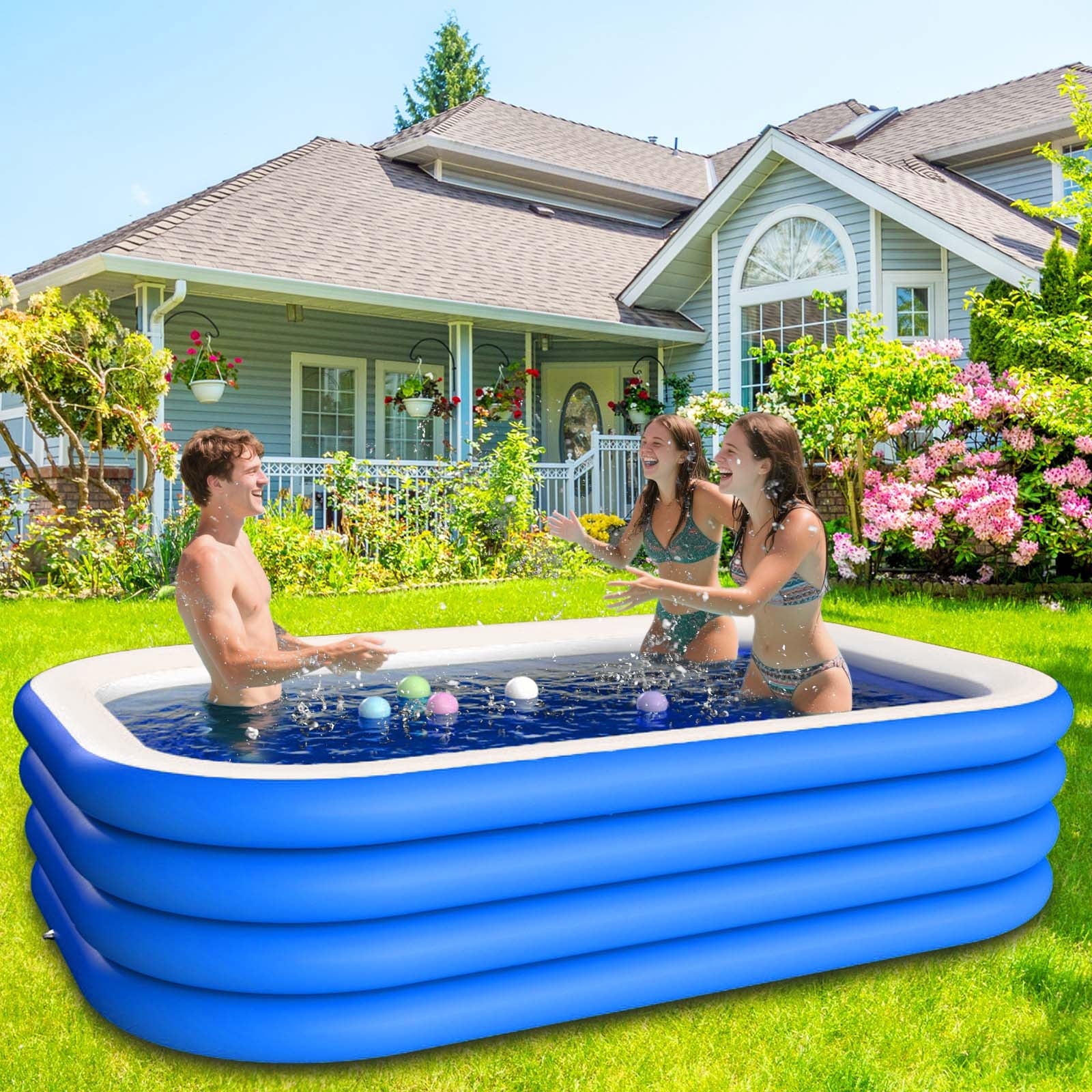 DAZLUTE Inflatable Pool for Kids and Adults, 118 x 71 x 28 Oversized Thickened Family Swimming Pool for Kids Children Outdoor, Garden, Backyard, Summer Water Party,Blue