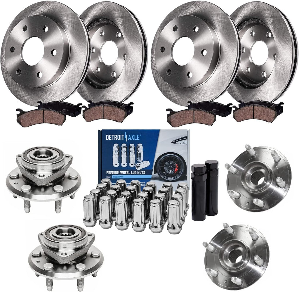 Detroit Axle - Front & Rear Disc Rotors Brake Pads Wheel Hubs + 24pc Lug Nuts w/key Replacement for Enclave Traverse Acadia - 38pc Set