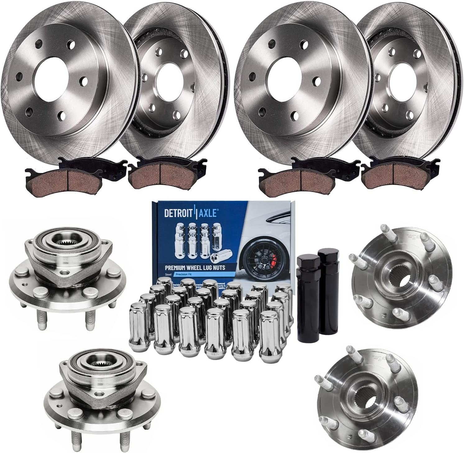 Detroit Axle - Front & Rear Disc Rotors Brake Pads Wheel Hubs + 24pc Lug Nuts w/key Replacement for Enclave Traverse Acadia - 38pc Set