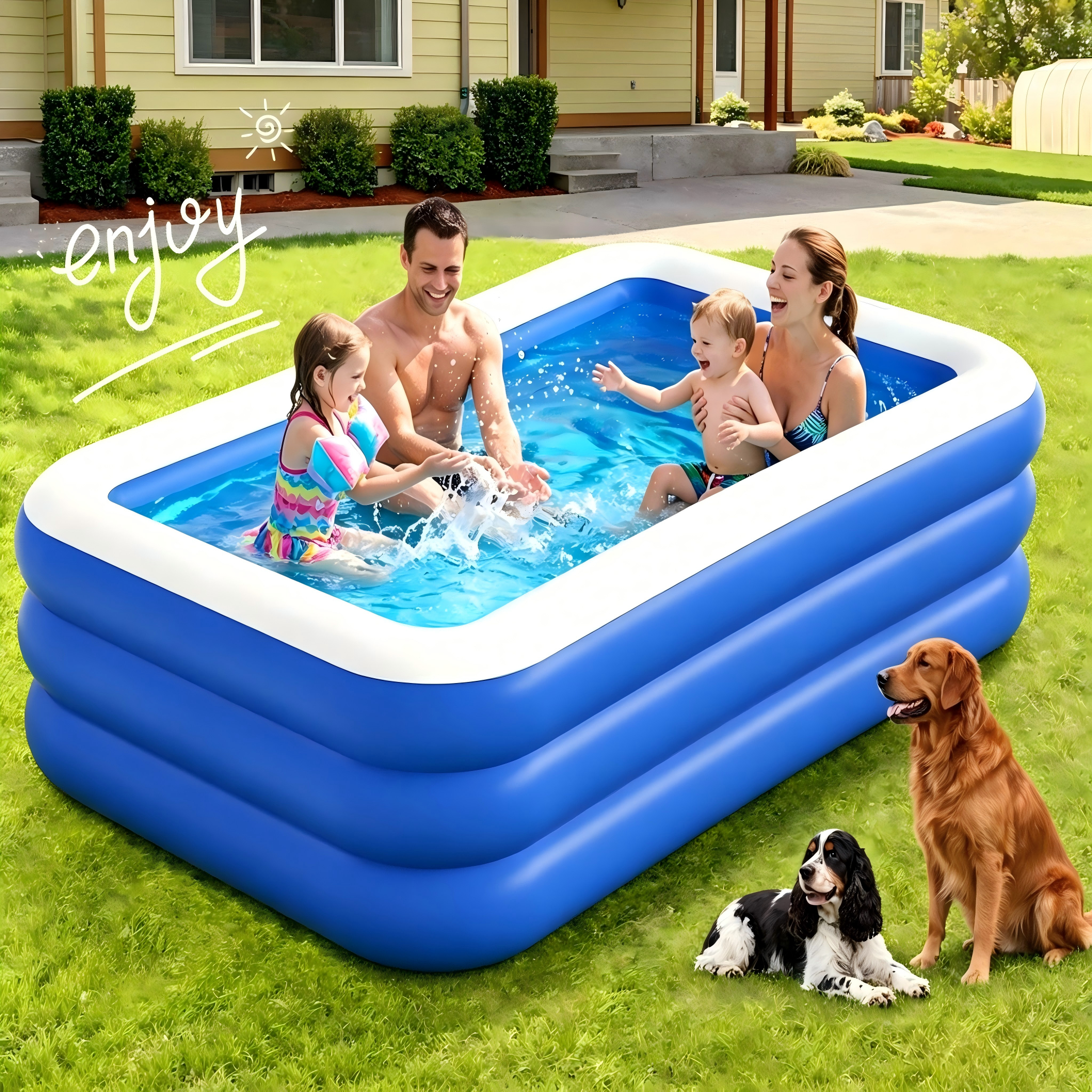 GVDV Blow Up Pool, Thickened Inflatable Pool for Kids, Adults, Family, 9.83 x 5.97 x 1.67 ft, Full-Sized Inflatable Kiddie Pools, Swimming Pool, Rectangle