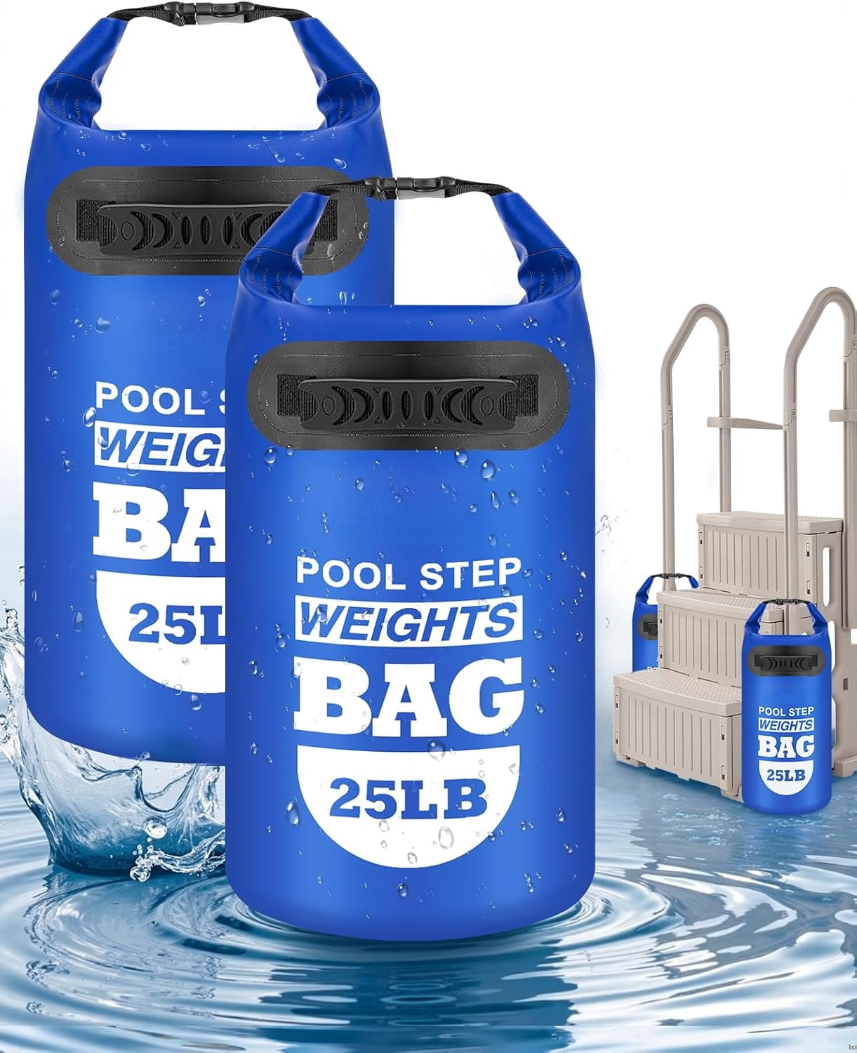 MM 2 pack 25lb Heavy Duty Pool Ladder Weights,Sand Fillable Universal Sand Bags Step Anchors,500D PVC Durable Waterproof&Foldable Sandbags for Above Ground Swimming Pools Stair,with Handle(Sky Blue)