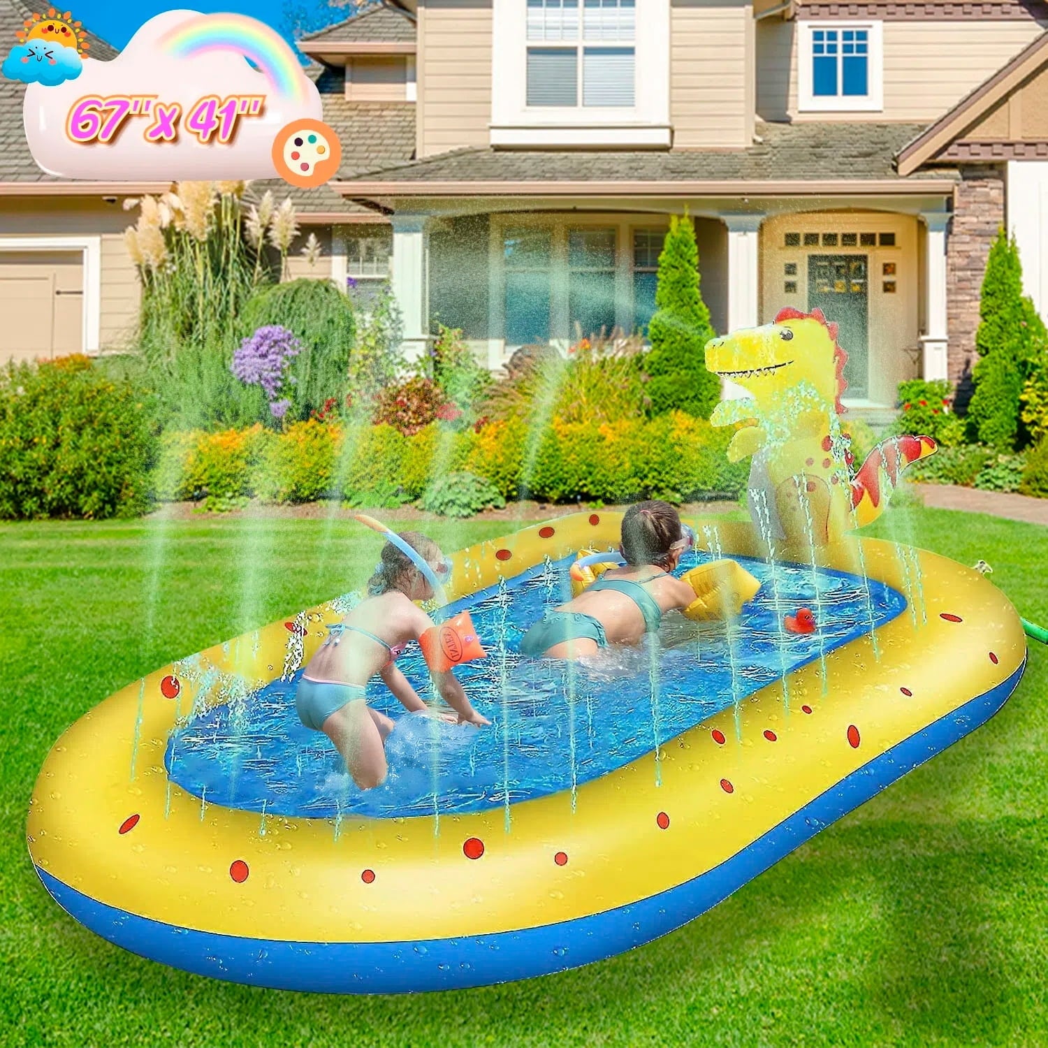 Teblint Inflatable Pool, 67'' x 41'' x 26'' Sprinkler Swimming Pool, Spray Kiddie Pool, Play Center Water Toys for Backyard Lawn, Above Ground, Outdoor