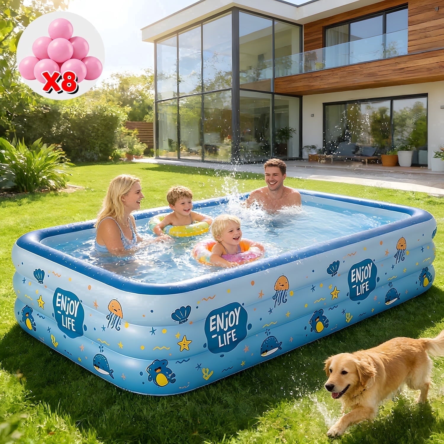 WonderStone 2 in 1 Inflatable Pool with Sprinkler, 118''x 71''x 24'' Oversizd Thickened Family Swimming Pool, Blow up Pool for Adult Kids Children Summer Outdoor Garden Backyard