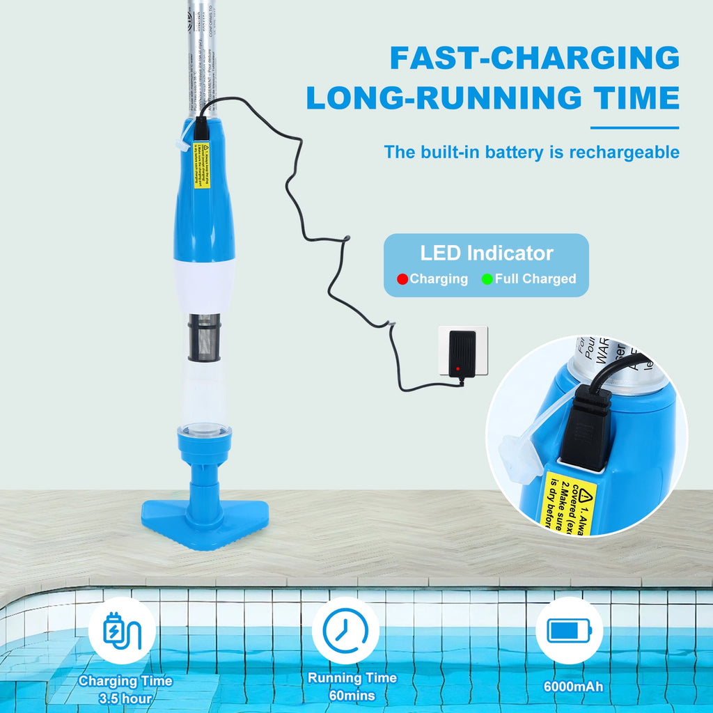YSMJ Cordless Handheld Pool Vacuum, 90 Min Runtime Rechargeable Cleaner with Pole & Safety Detector for Small Above Ground Pools, Hot Tubs and Spas (Blue& White)
