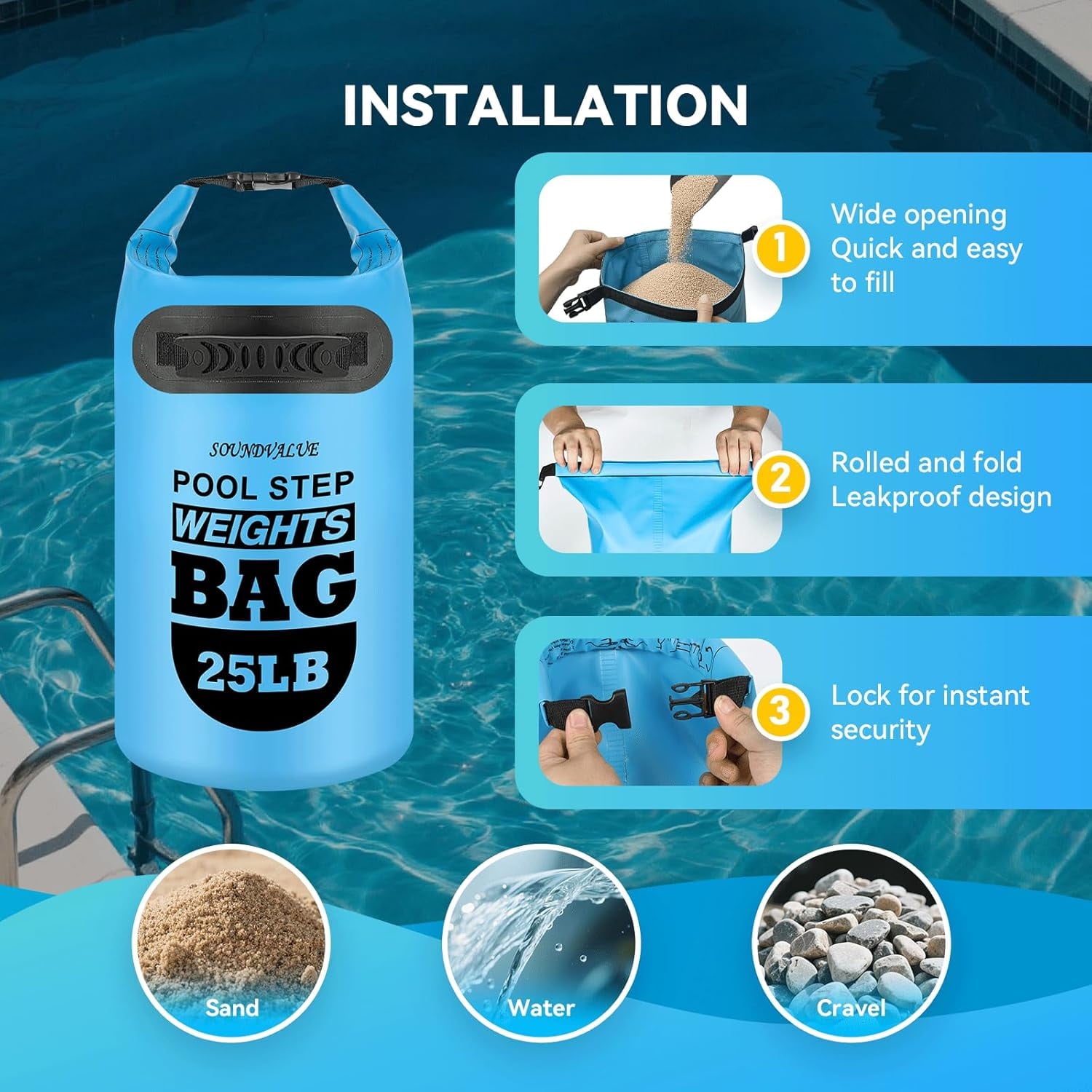 MM 2 pack 25lb Heavy Duty Pool Ladder Weights,Sand Fillable Universal Sand Bags Step Anchors,500D PVC Durable Waterproof&Foldable Sandbags for Above Ground Swimming Pools Stair,with Handle(Sky Blue)