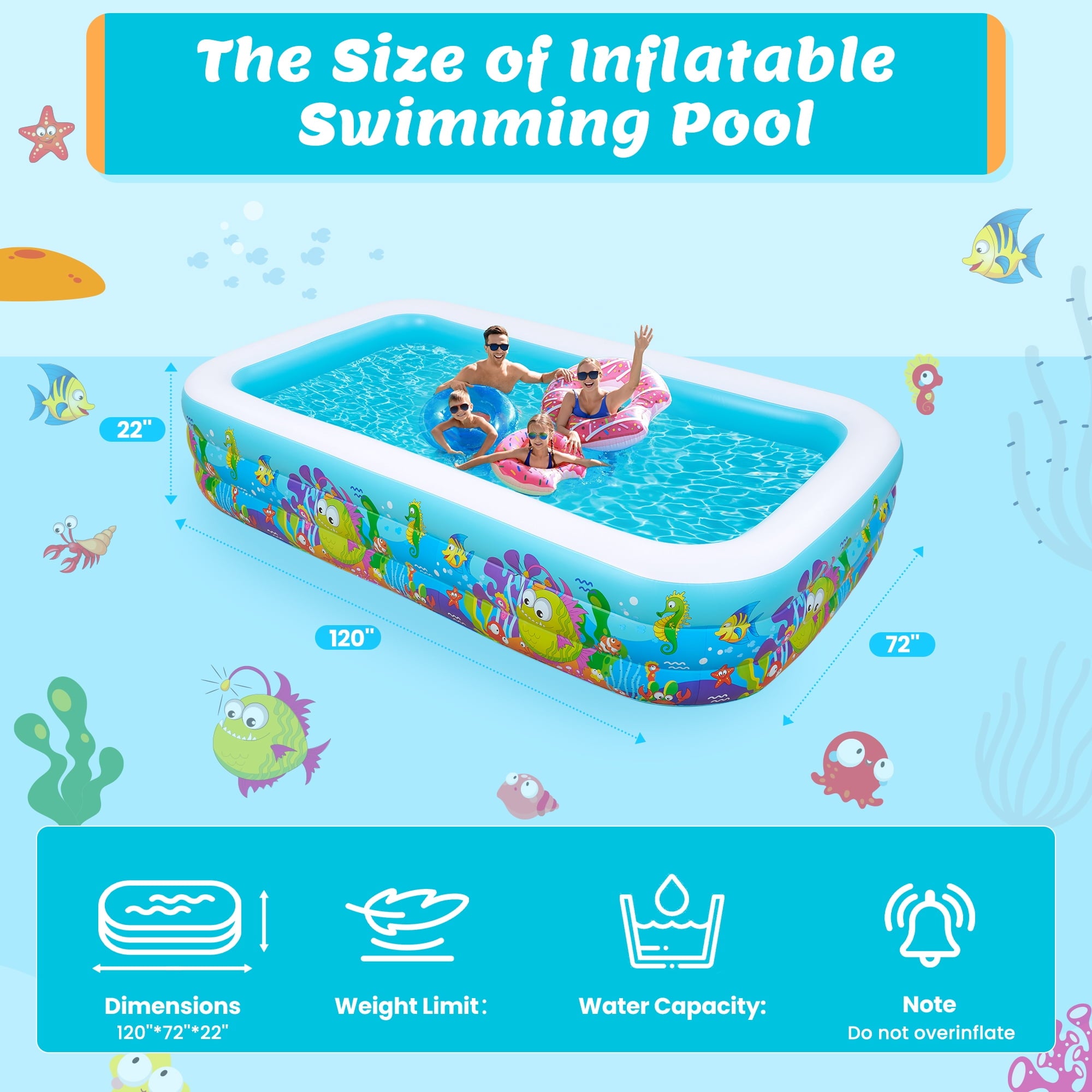 Naipo Inflatable Swimming Pool for Kids and Adults, 120x72x22 Oversized Thickened Family Swimming Pool for Toddlers, Outdoor, Garden, Backyard, Summer Water Party, Cartoon Patterns