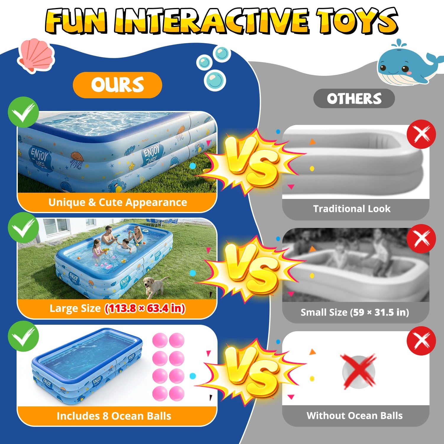 WonderStone 2 in 1 Inflatable Pool with Sprinkler, 118''x 71''x 24'' Oversizd Thickened Family Swimming Pool, Blow up Pool for Adult Kids Children Summer Outdoor Garden Backyard