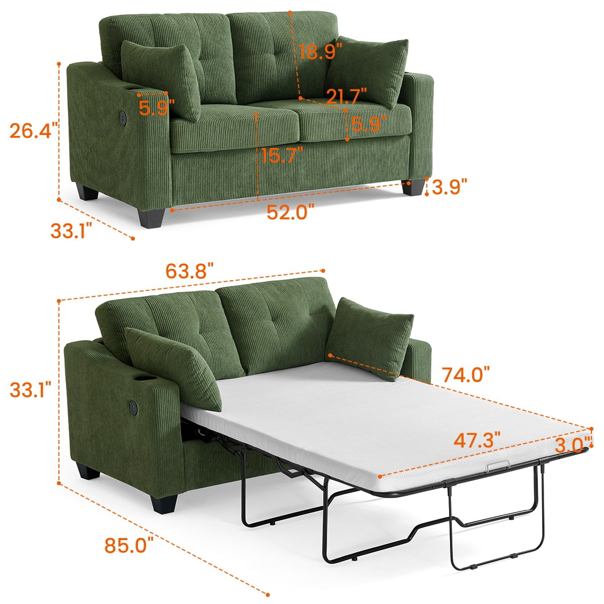 CHIC HOUSE Pull Out Sofa Bed Couch Queen Size with Mattress USB, Convertible Sleeper Sofa Loveseat for Small Spaces RV, Corduroy Pull Out Couch Bed for Living Room with Cup Holders LED Lights, Beige