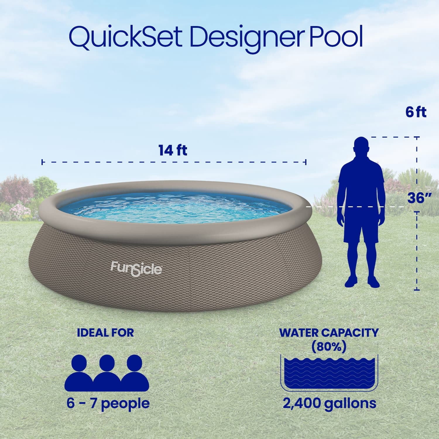 Funsicle QuickSet Designer Above Ground Swimming Pool Set – with FB800 Filter Pump, 14' x 36, Inflatable Top Ring, Round, Double Rattan