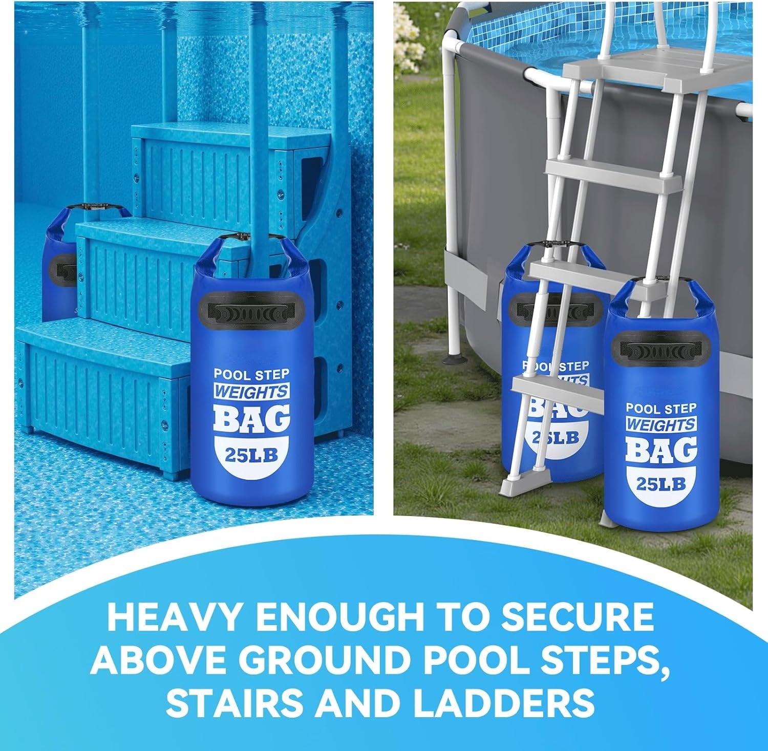 MM 2 pack 25lb Heavy Duty Pool Ladder Weights,Sand Fillable Universal Sand Bags Step Anchors,500D PVC Durable Waterproof&Foldable Sandbags for Above Ground Swimming Pools Stair,with Handle(Sky Blue)