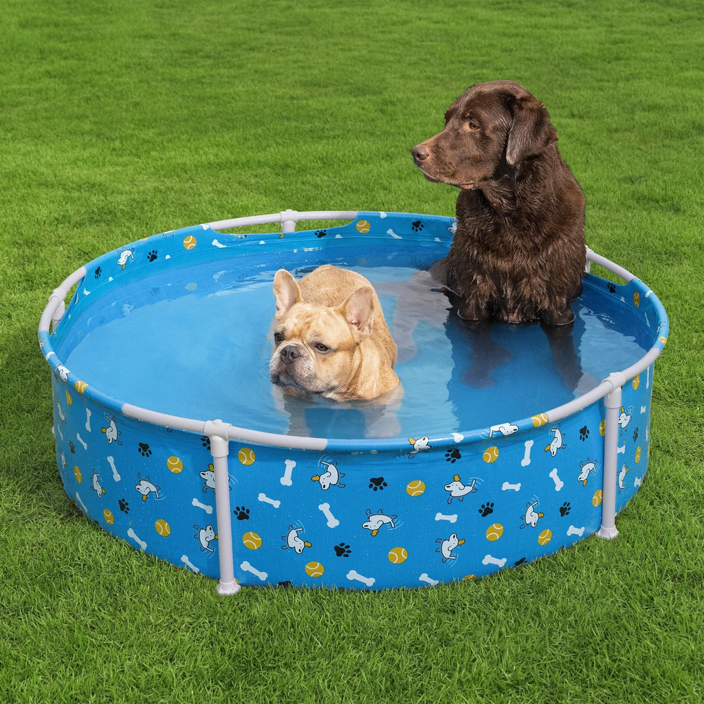 H2OGO! Fetchin' Fun Pet Play Pool - Blue, 48 Dog Splash-Swim-Wade Tub, Bone-Ball- Paw Print, Metal Frame, Tritech Liner, Outdoor Animal Water Play