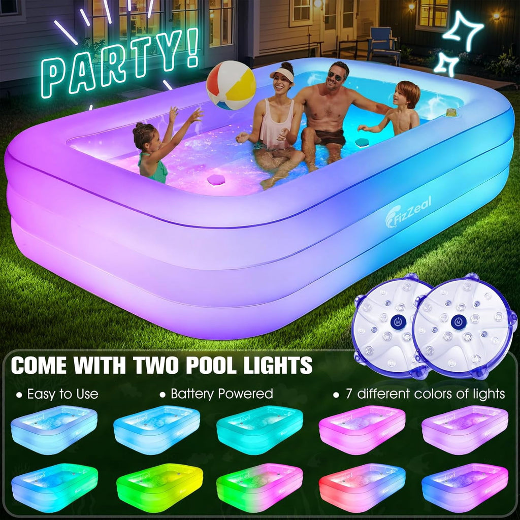 Inflatable Pool with Seat and Pool Lights, Durable Thickened Large Size Family Inflatable Pools for Adults Blow Up Pools,110 x 63 x 20Swimming Inflatable Kids PooI for Backyard,Outdoor (White)