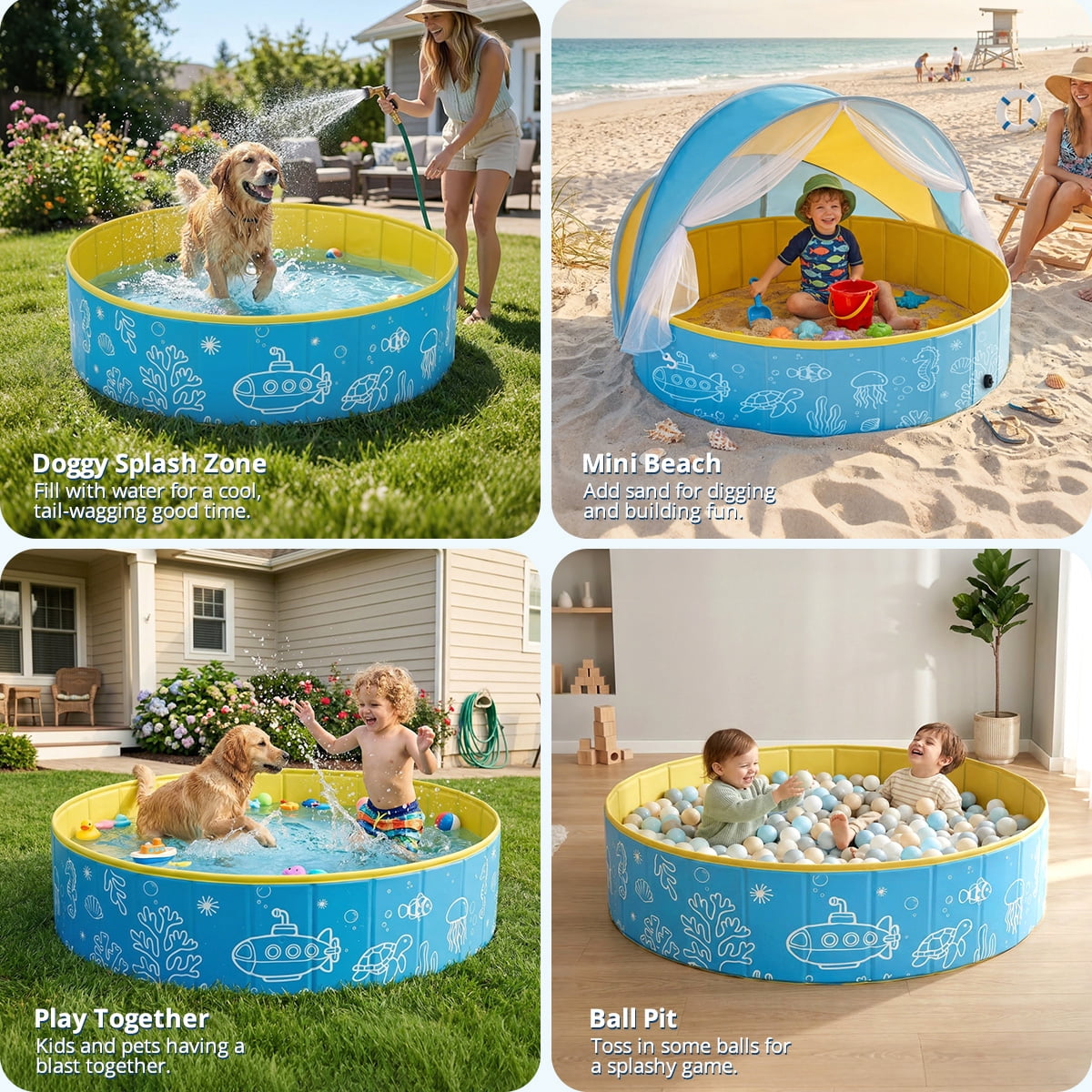 Kids Pool, Caveen Foldable Kiddie Pools for Toddler, Swimming Pool with Canopy for Backyard