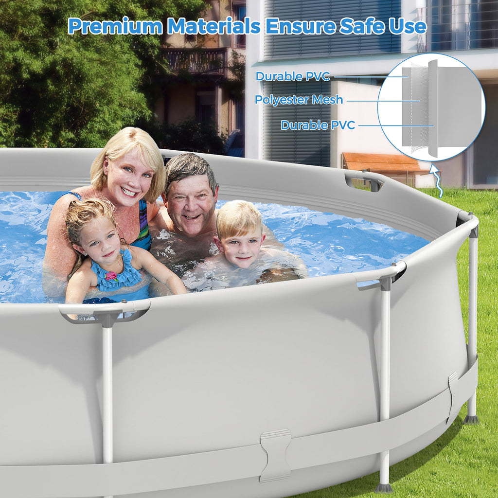 Costway Round Above Ground Swimming Pool Patio Frame Pool W/ Pool Cover Iron Frame Blue