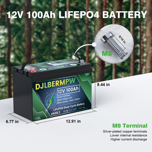 12V 100Ah Lithium Battery, 100A BMS Deep Cycle LiFePO4 Battery for Marine, RV, Solar System, Trolling Motor, Boat